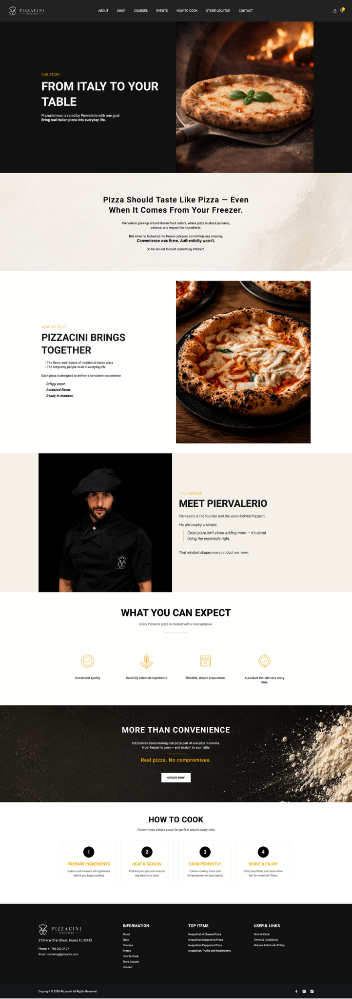 Pizzacini about page explaining the brand, product promise and founder story