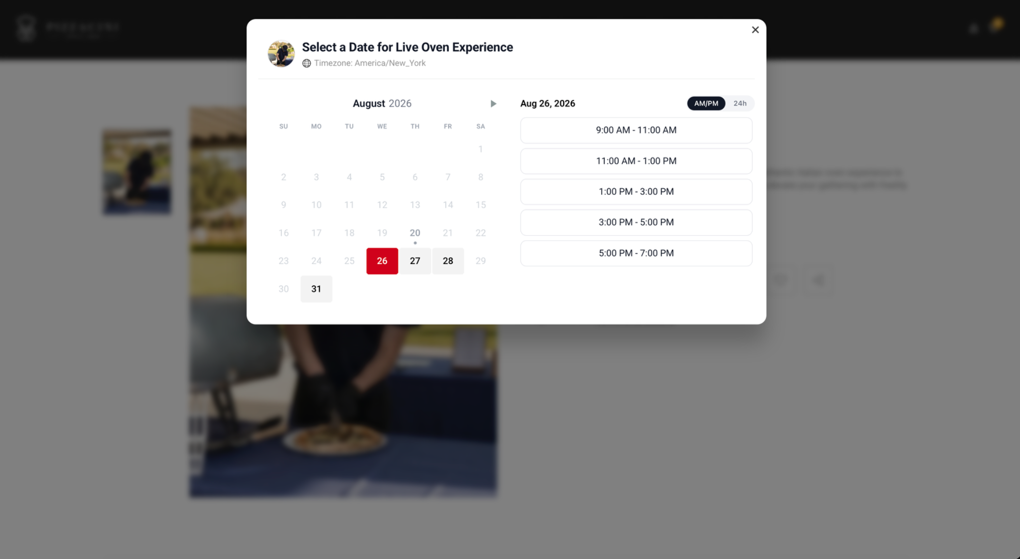 Pizzacini Live Oven Experience booking modal with date and time selection