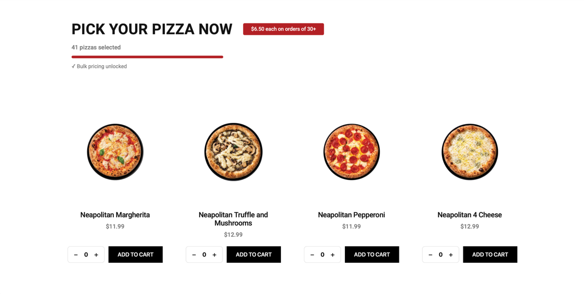 Pizzacini bulk-order interface showing 41 pizzas selected and bulk pricing unlocked