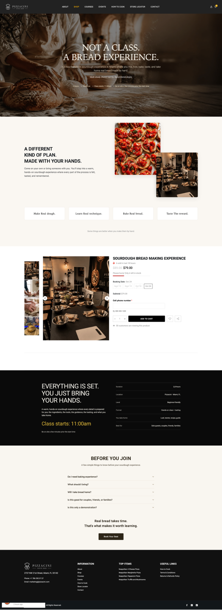 Pizzacini sourdough bread-making experience page with product booking, details and FAQs