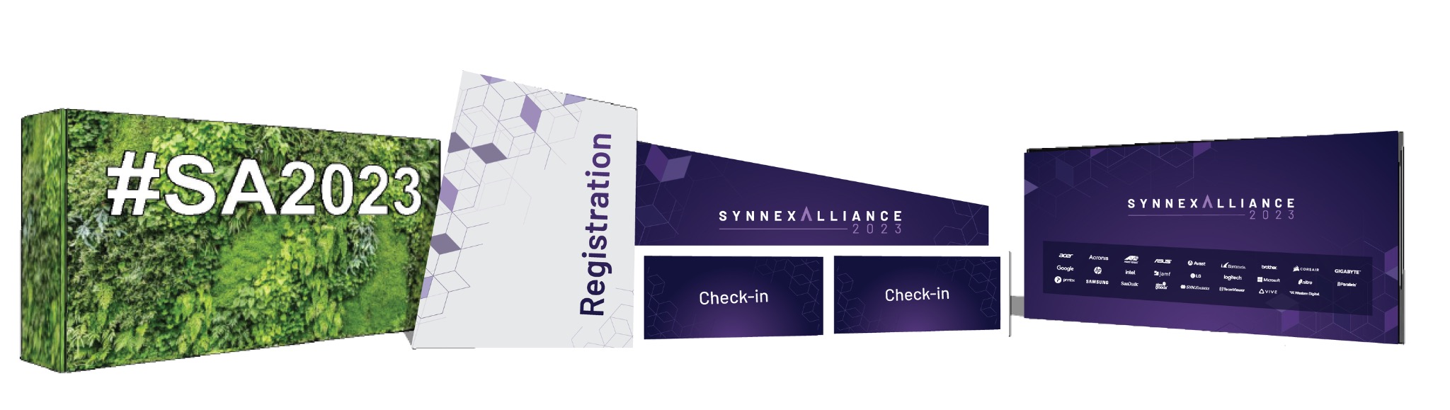 SYNNEX Alliance 2023 registration environment, check-in desks, sponsor wall and event signage